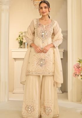 Cream Embroidery Silk Kurta Set
