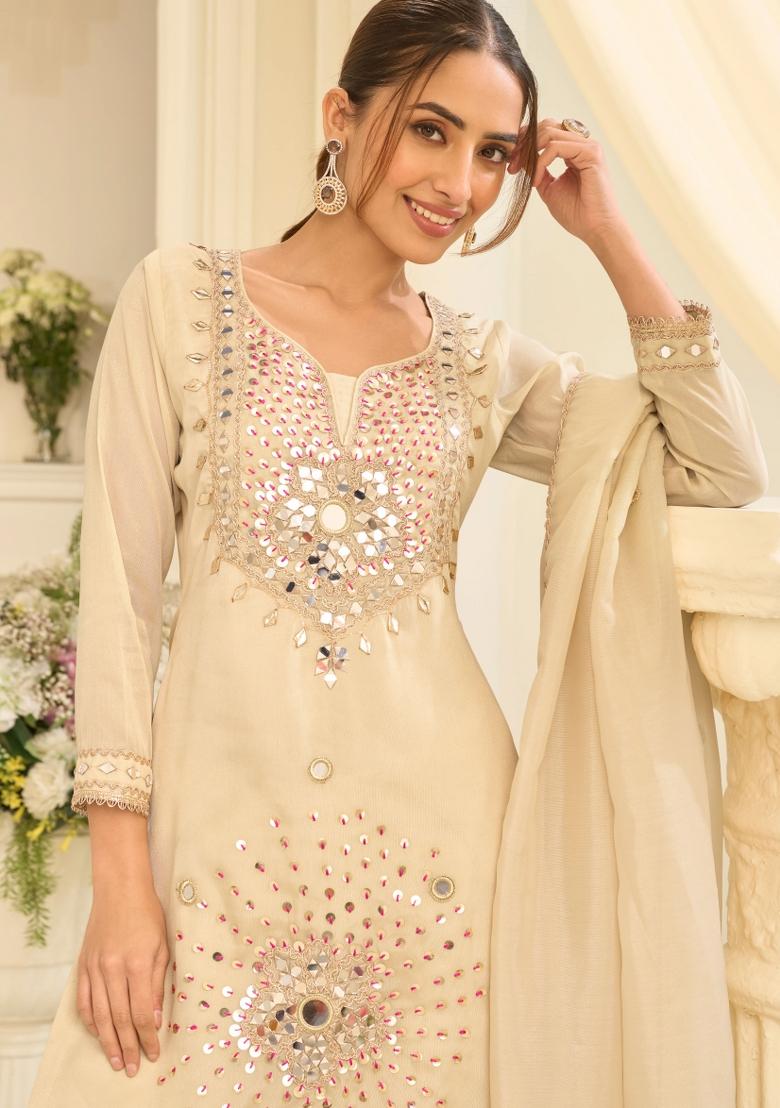 Cream Embroidery Silk Kurta Set - Indya