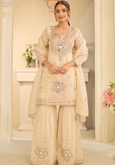 Cream Embroidery Silk Kurta Set
