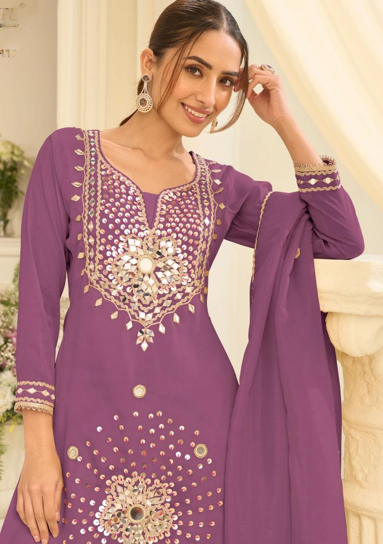 Lilac Embroidery Silk Kurta Set - Indya