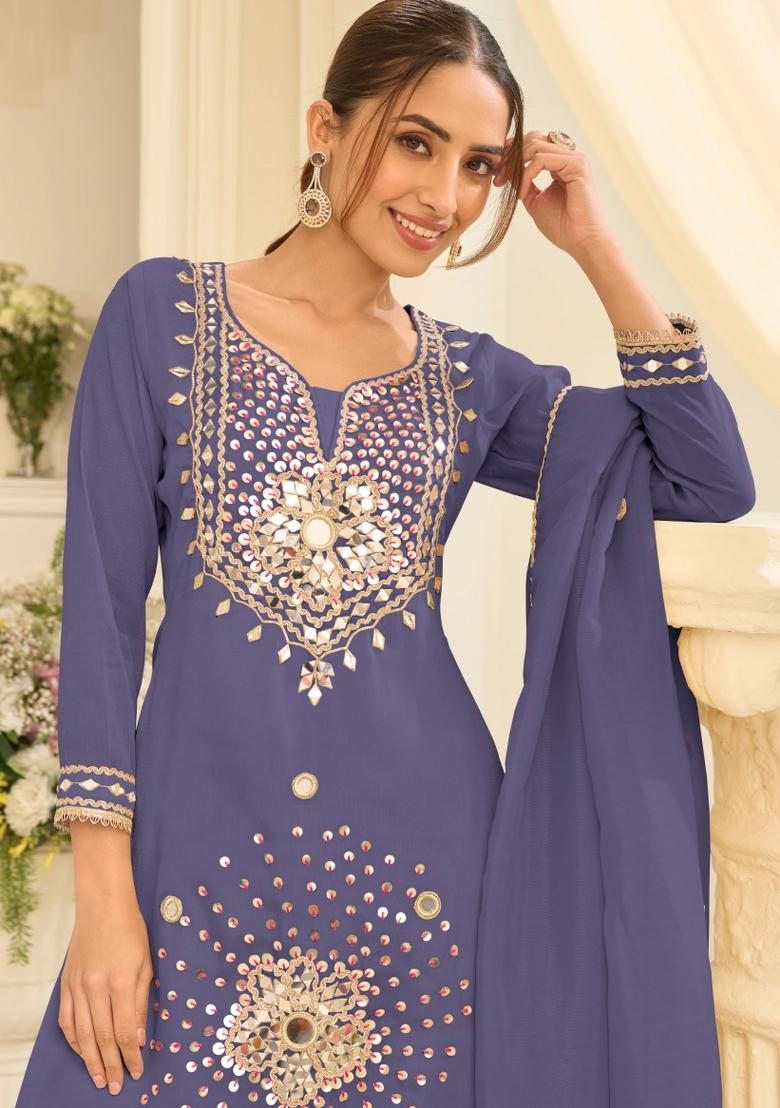 Blue Embroidery Silk Kurta Set - Indya
