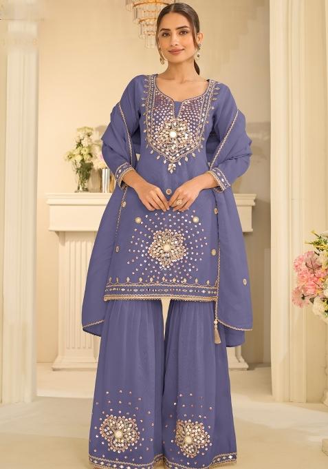 Blue Embroidery Silk Kurta Set