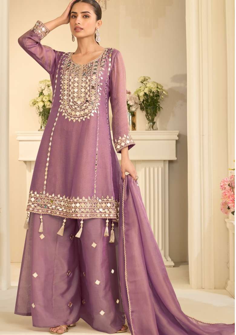 Lilac Embroidery Silk Blend Kurta Set - Indya