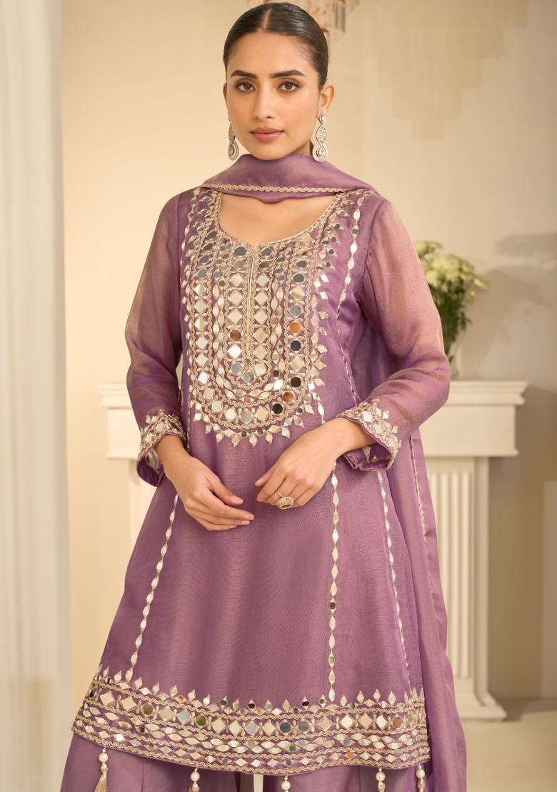 Lilac Embroidery Silk Kurta Set - Indya