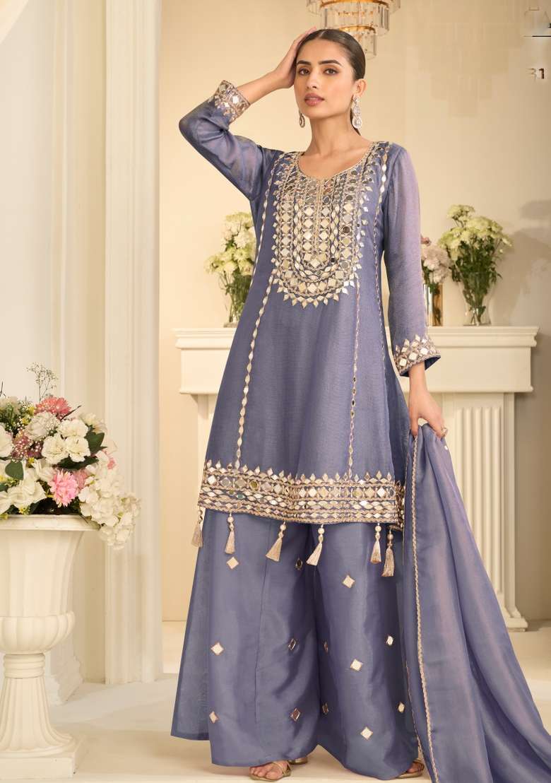 Blue Embroidery Silk Blend Kurta Set - Indya