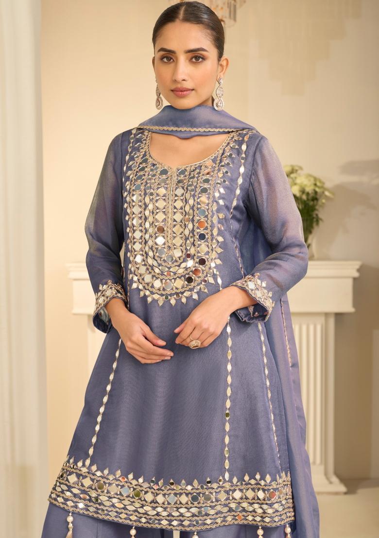Blue Embroidery Silk Kurta Set - Indya