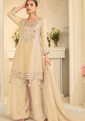 Beige Embroidery Silk Kurta Set
