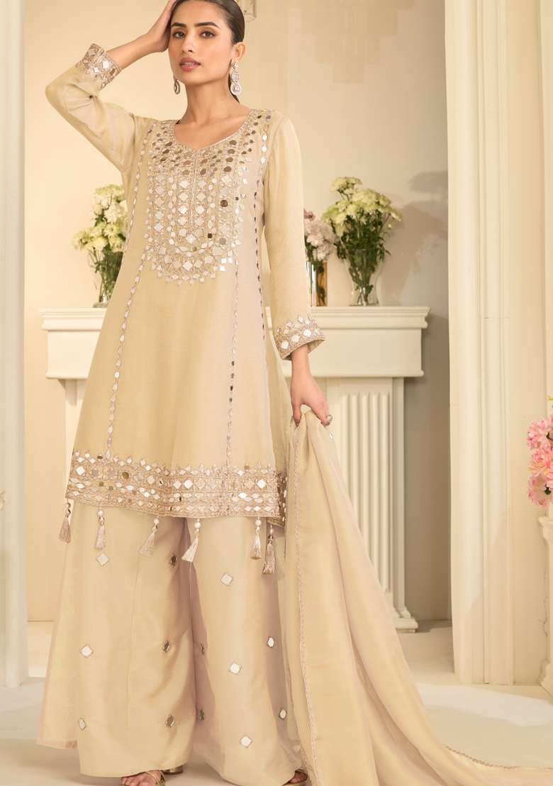 Beige Embroidery Silk Blend Kurta Set - Indya
