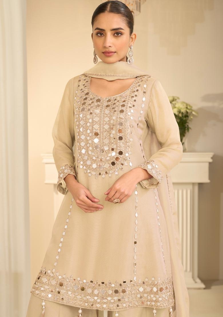 Beige Embroidery Silk Kurta Set - Indya