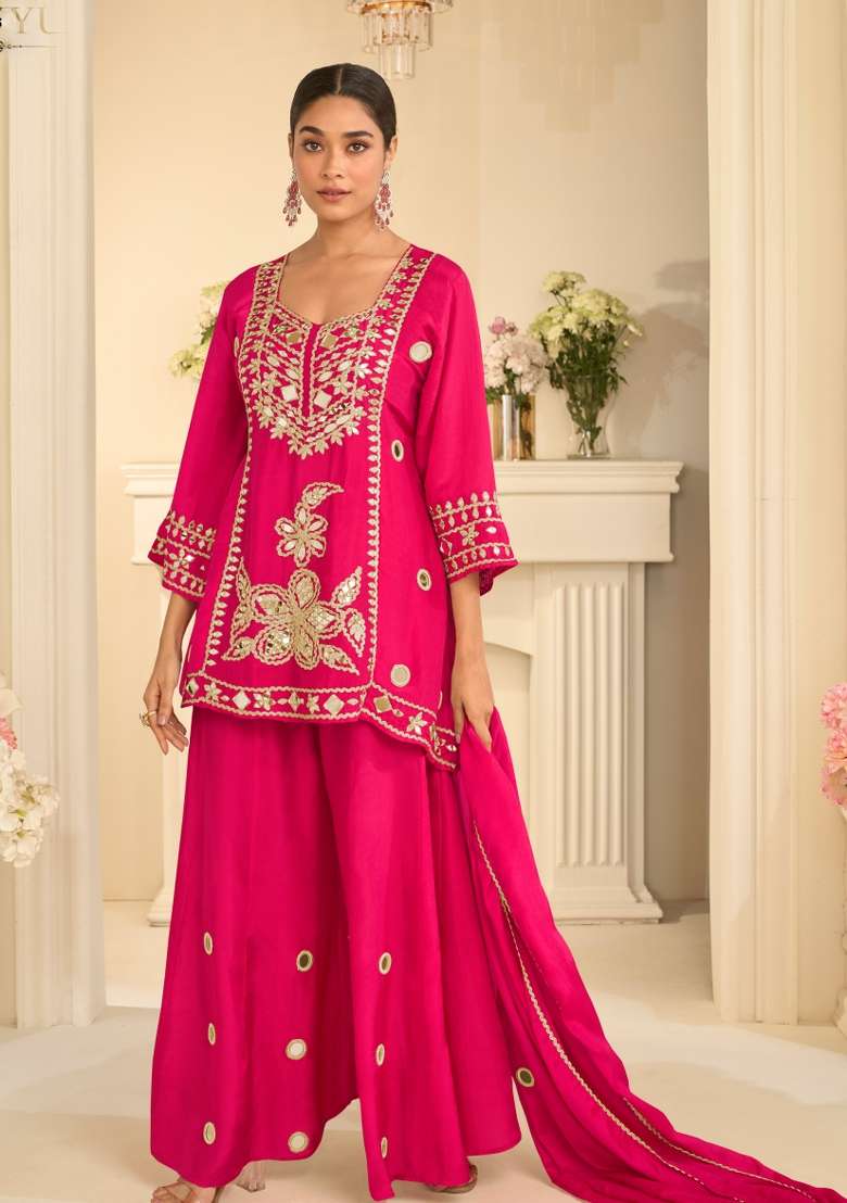 Rani Pink Embroidery Chinon Kurta Set - Indya