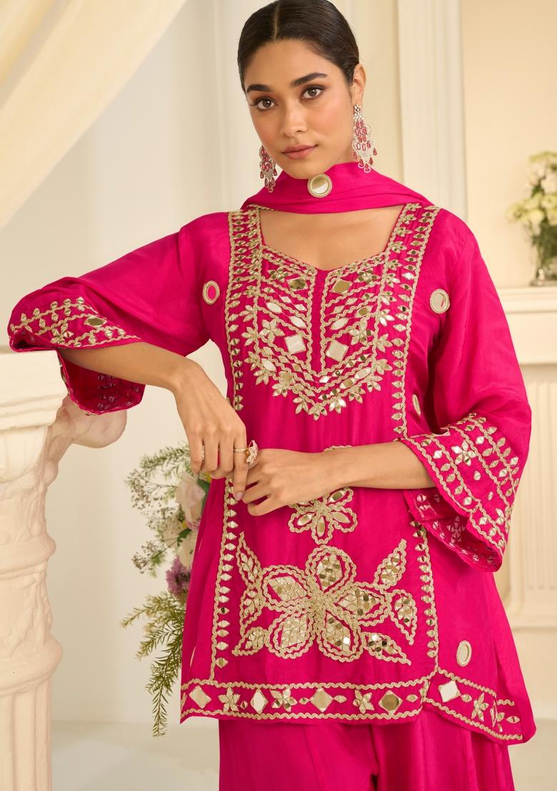Rani Pink Embroidery Chinon Kurta Set - Indya