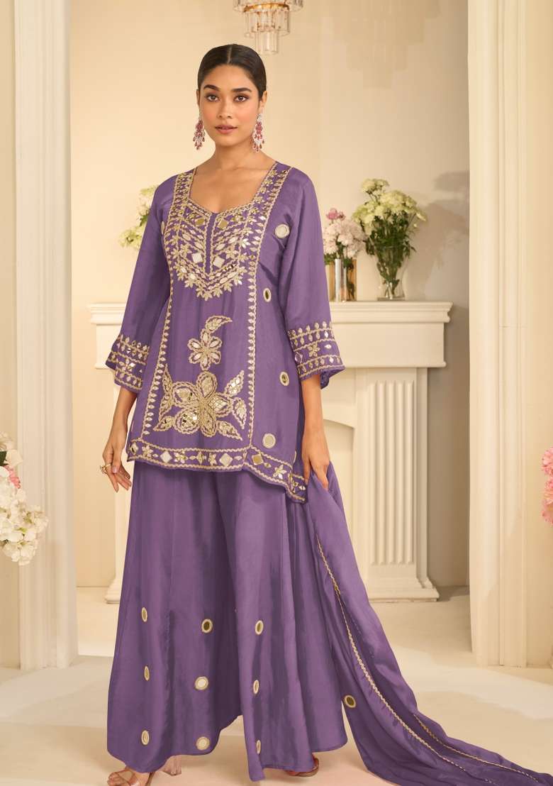 Lavender Embroidery Chinon Kurta Set - Indya