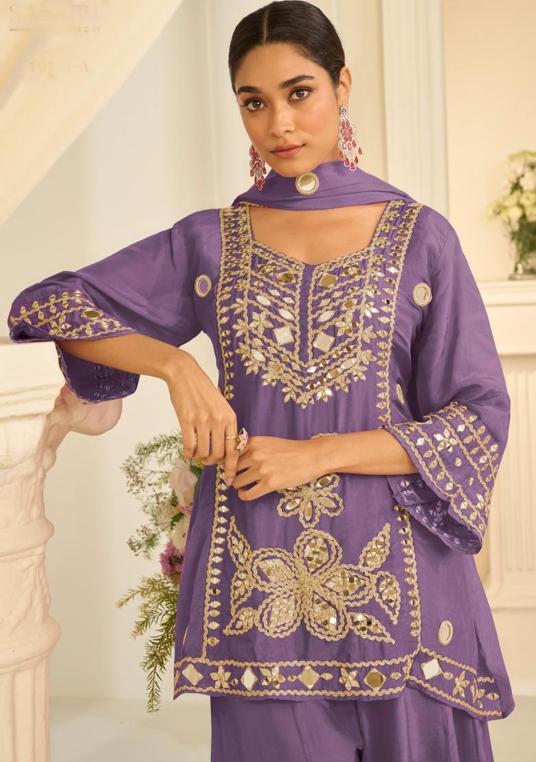 Lavender Embroidery Chinon Kurta Set - Indya