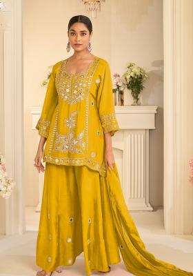 Yellow Embroidery Chinon Kurta Set
