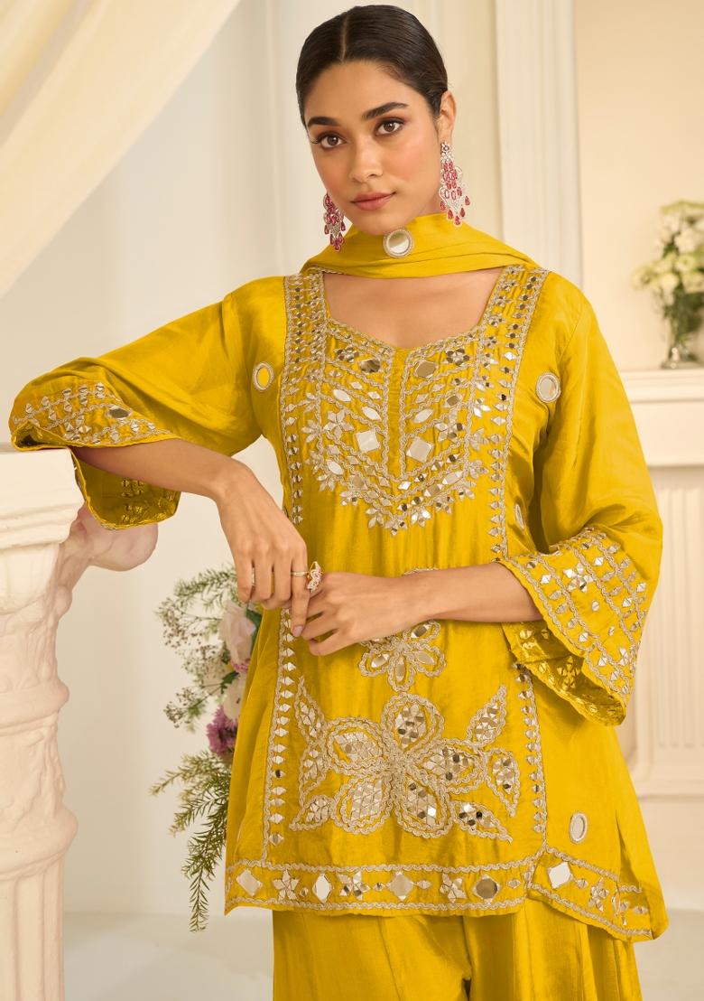 Yellow Embroidery Chinon Kurta Set - Indya