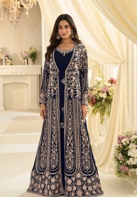 Navy Blue Embroidery Chinon Kurta With Dupatta