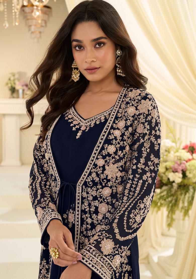 Navy Blue Embroidery Chinon Kurta With Dupatta - Indya