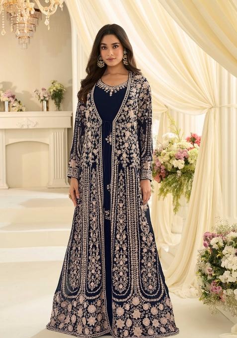 Navy Blue Embroidery Chinon Kurta With Dupatta