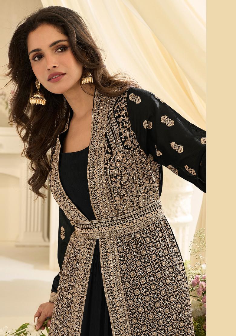 Black Embroidery Chinon Kurta With Dupatta - Indya
