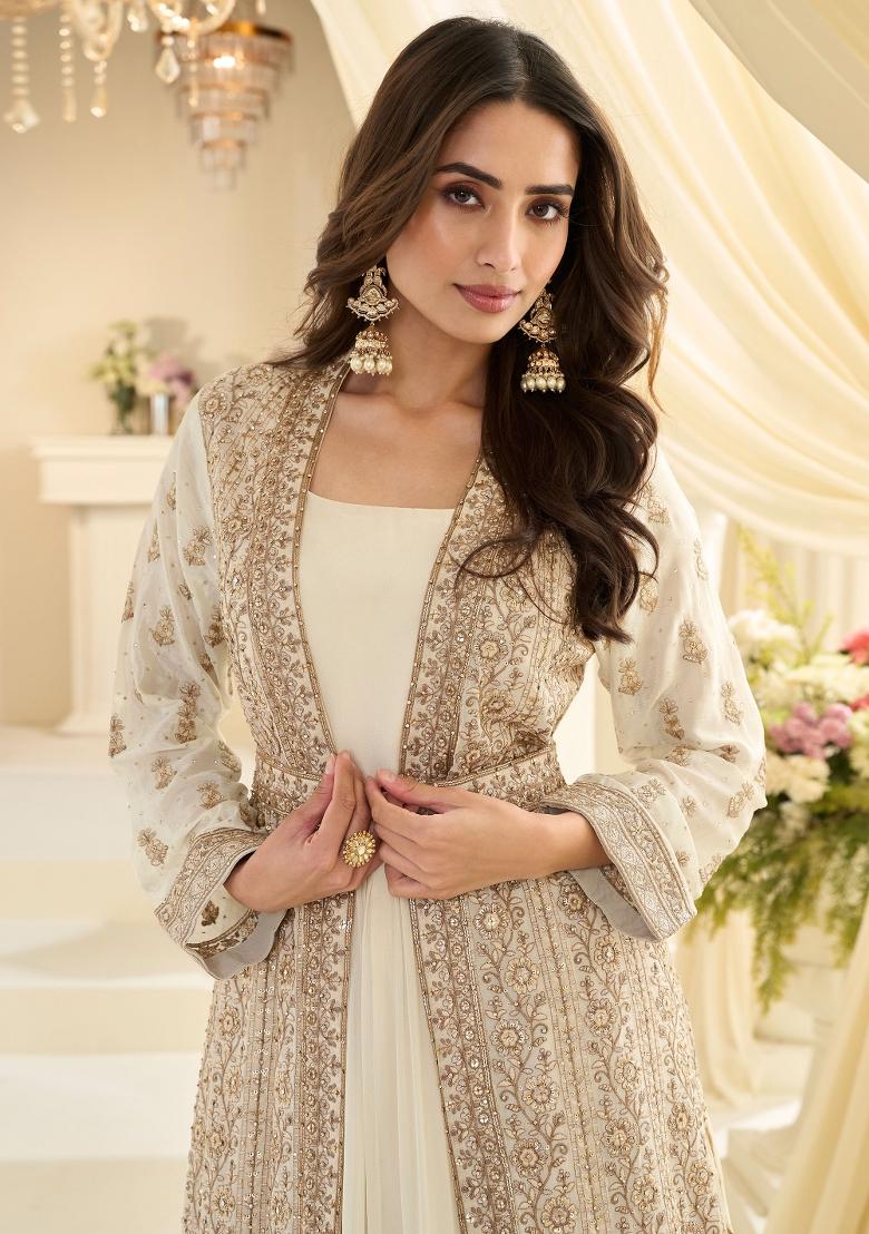 Off White Embroidery Chinon Kurta With Dupatta - Indya