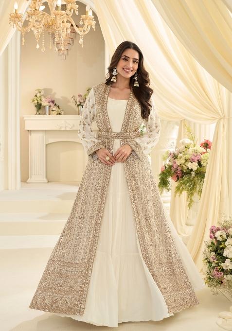 Off White Embroidery Chinon Kurta With Dupatta