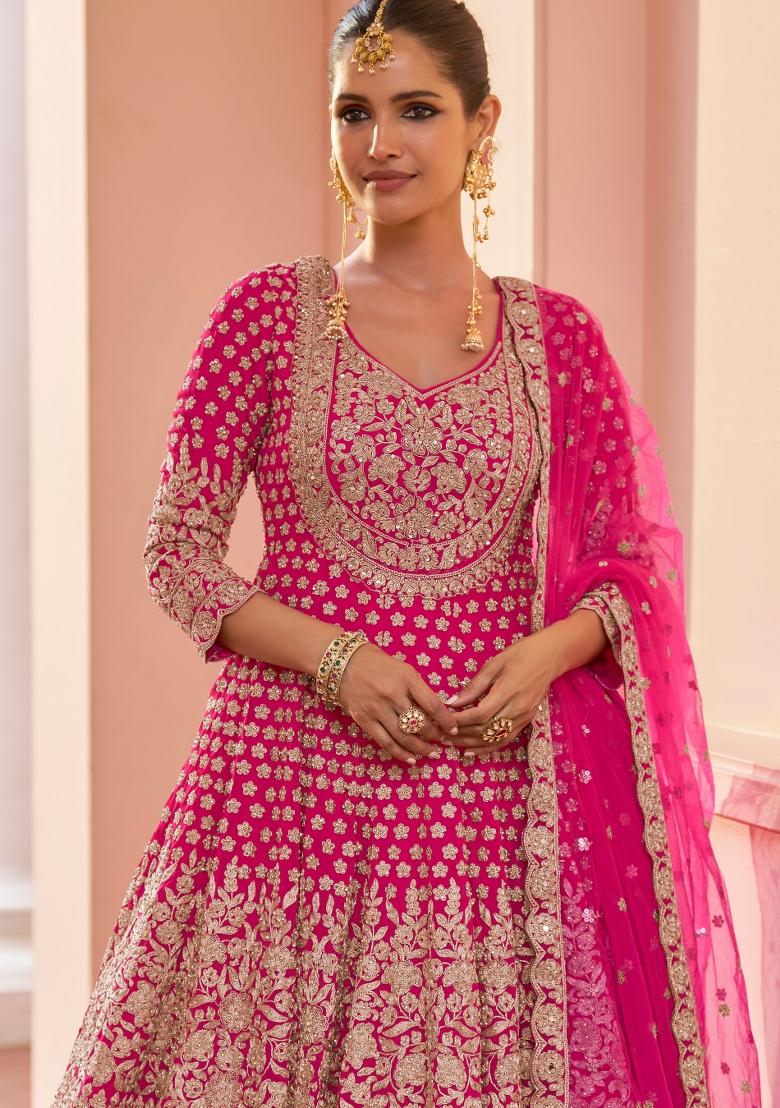 Pink Embroidery Georgette Kurta Set - Indya