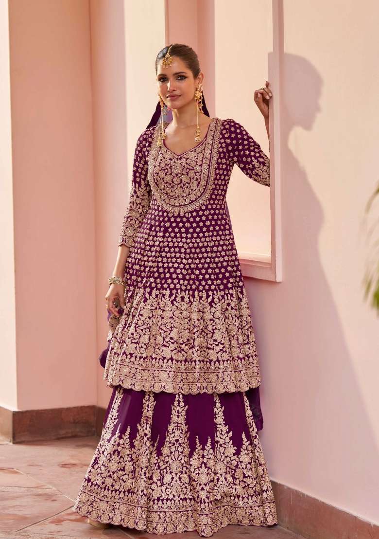 Wine Embroidery Georgette Kurta Set - Indya