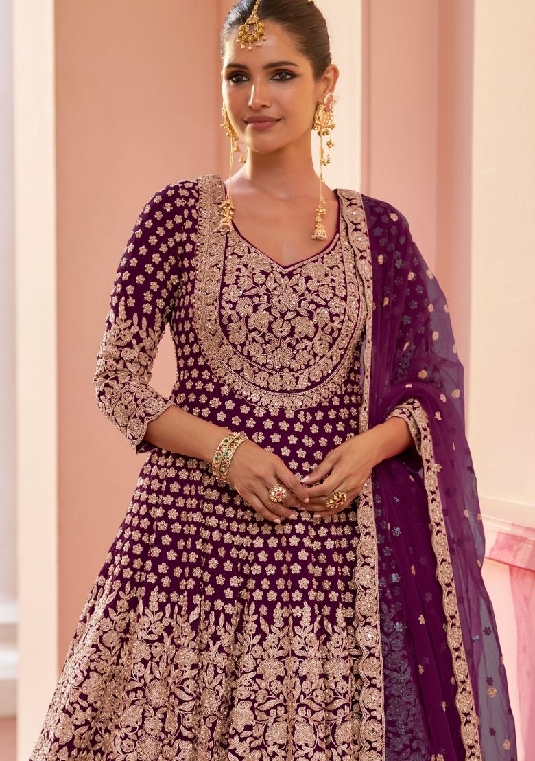 Wine Embroidery Georgette Kurta Set - Indya