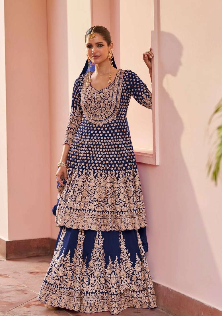 Blue Embroidery Georgette Kurta Set - Indya