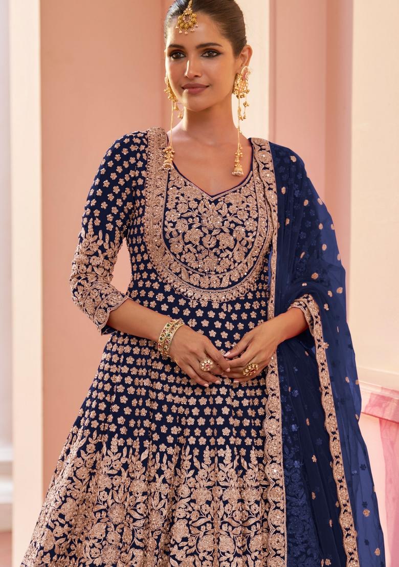 Blue Embroidery Georgette Kurta Set - Indya
