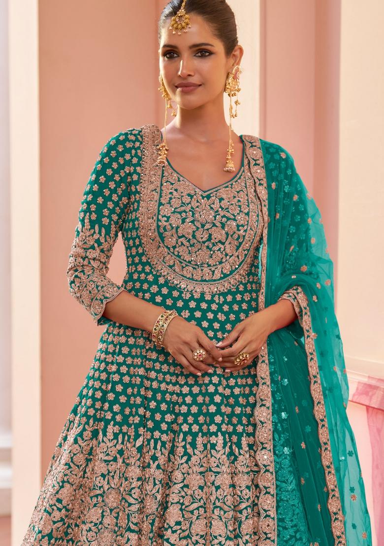 Turquoise Embroidery Georgette Kurta Set - Indya