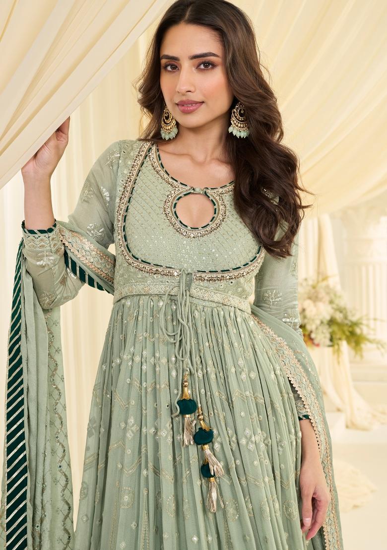 Sea Green Embroidery Georgette Kurta With Dupatta - Indya