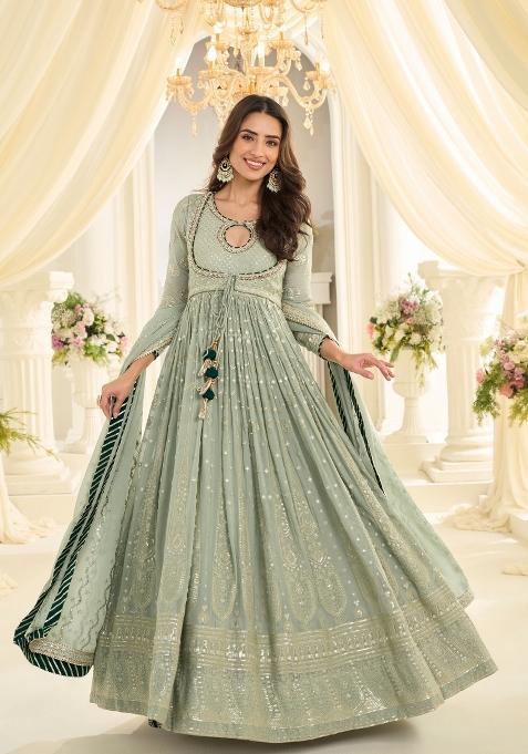 Sea Green Embroidery Georgette Kurta With Dupatta — view on Indya