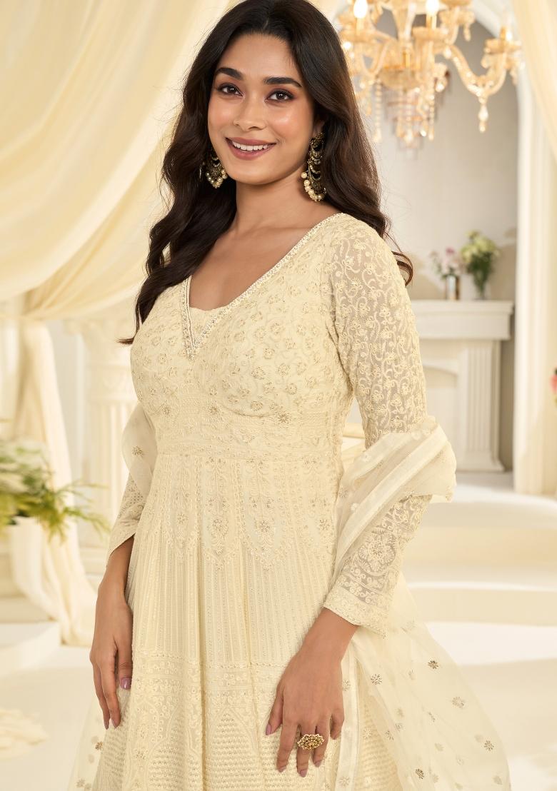 Cream Embroidery Georgette Kurta With Dupatta - Indya