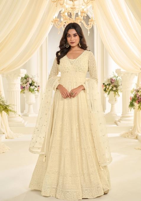 Cream Embroidery Georgette Kurta With Dupatta