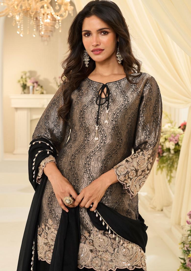 Black Embroidery Chinon Kurta Set - Indya