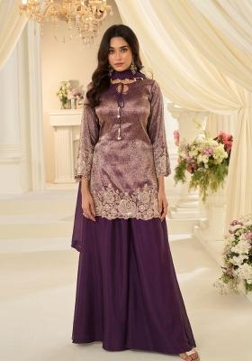 Purple Embroidery Chinon Kurta Set