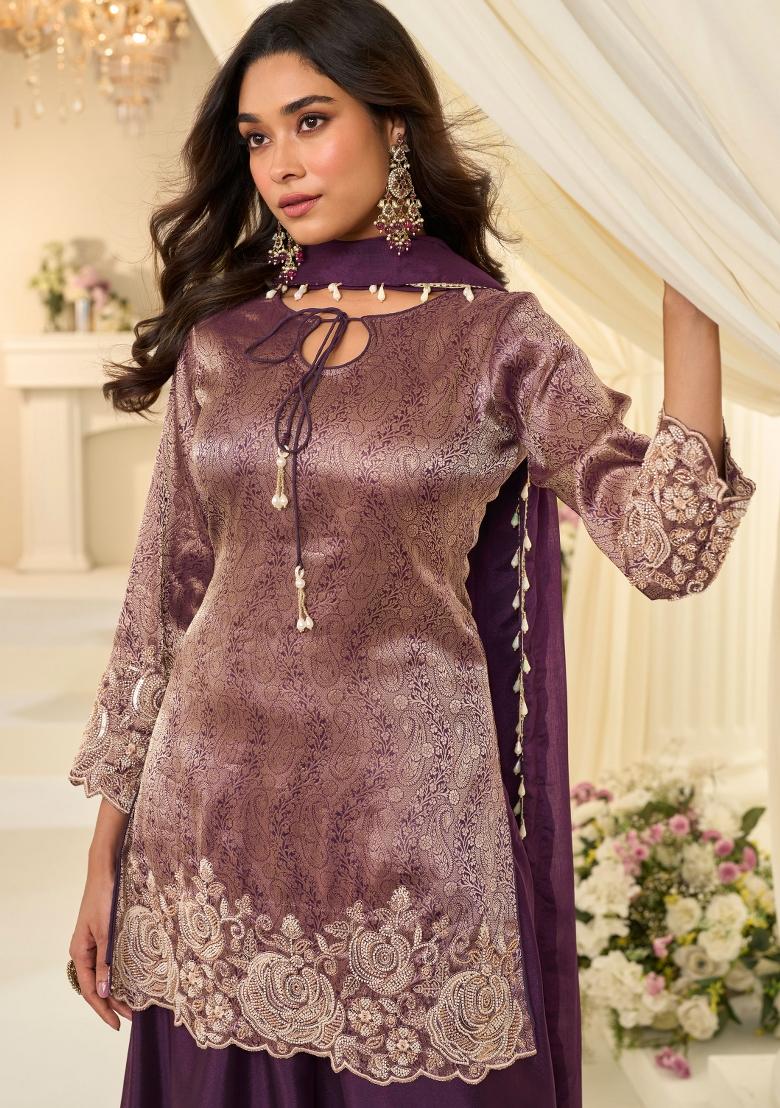 Purple Embroidery Chinon Kurta Set - Indya