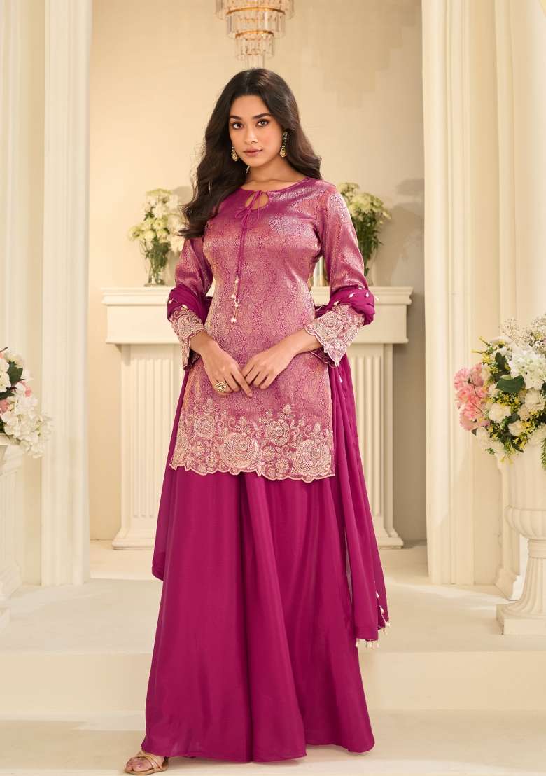 Rani Pink Embroidery Chinon Kurta Set - Indya