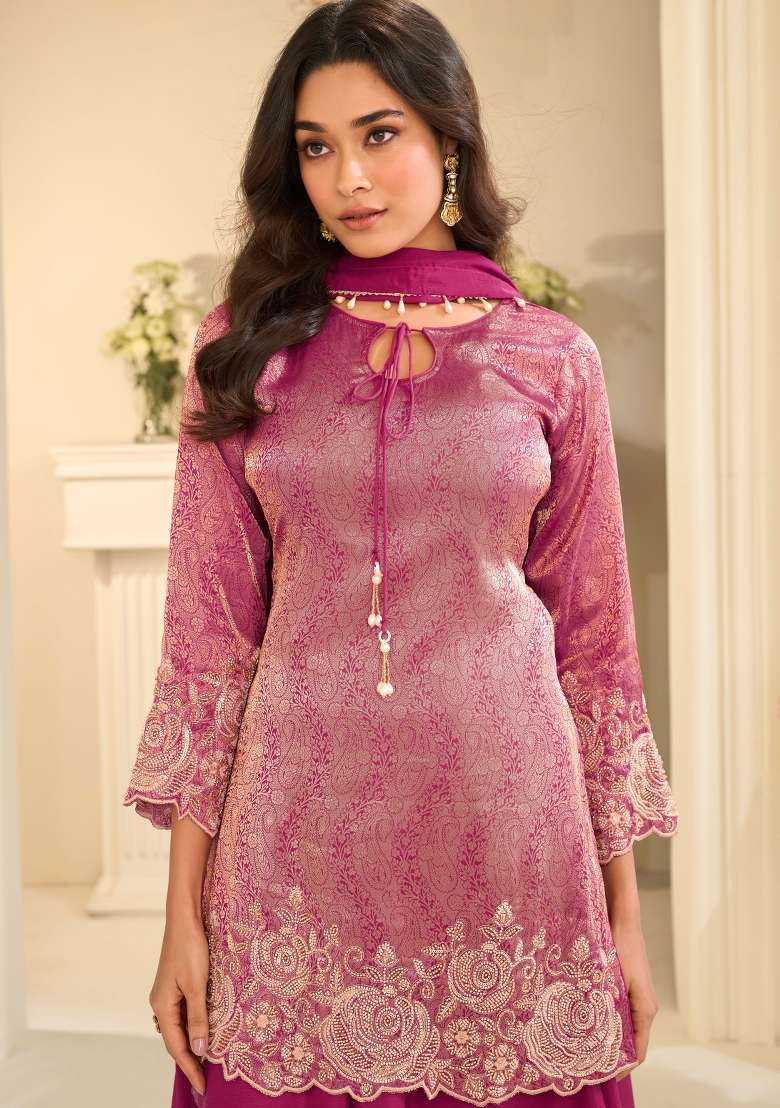 Rani Pink Embroidery Chinon Kurta Set - Indya