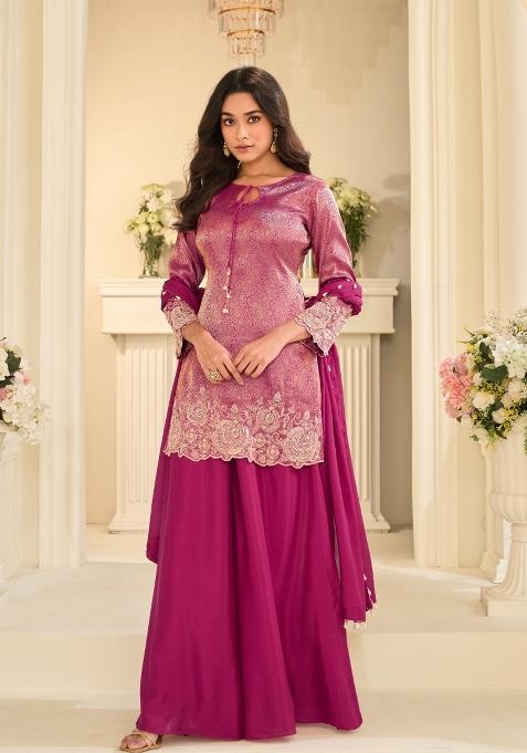 Rani Pink Embroidery Chinon Kurta Set