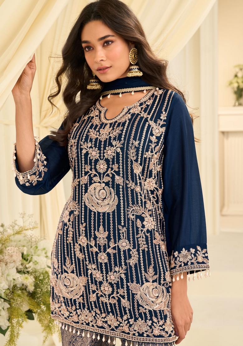 Blue Embroidery Chinon Kurta Set - Indya