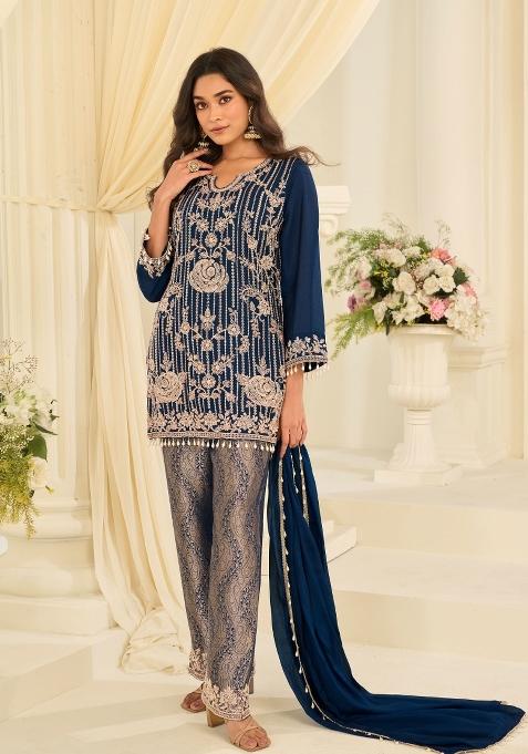Blue Embroidery Chinon Kurta Set