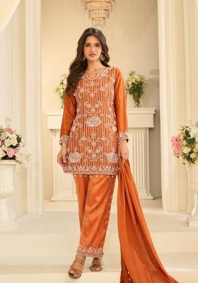 Orange Embroidery Chinon Kurta Set
