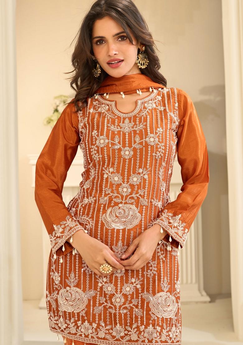 Orange Embroidery Chinon Kurta Set - Indya