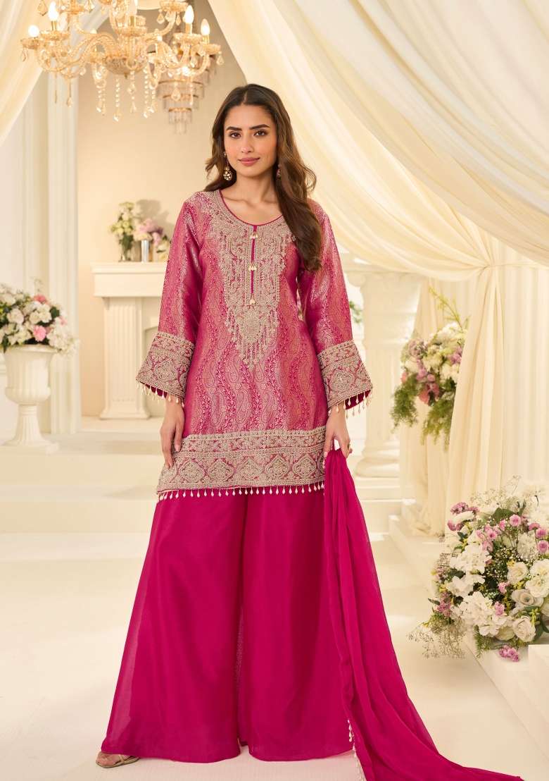 Rani Pink Embroidery Chinon Kurta Set - Indya