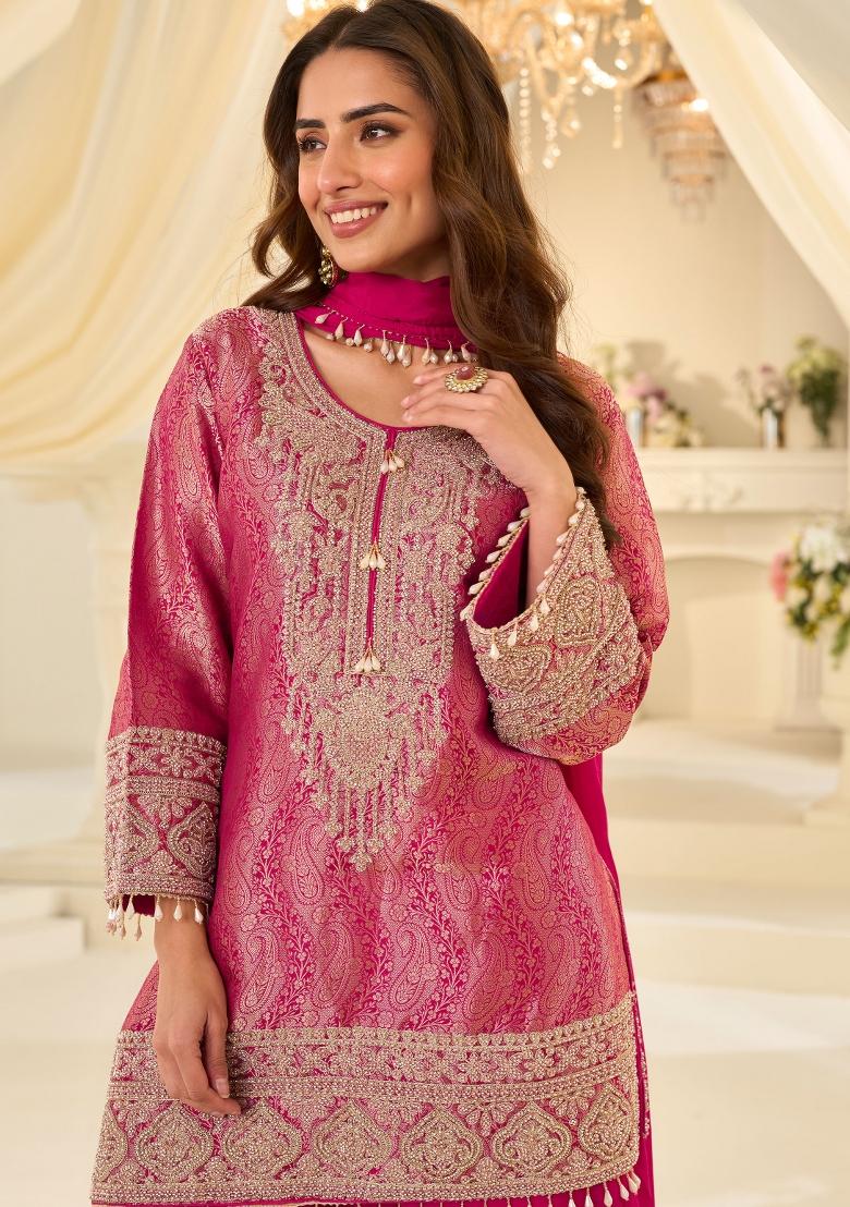 Rani Pink Embroidery Chinon Kurta Set - Indya