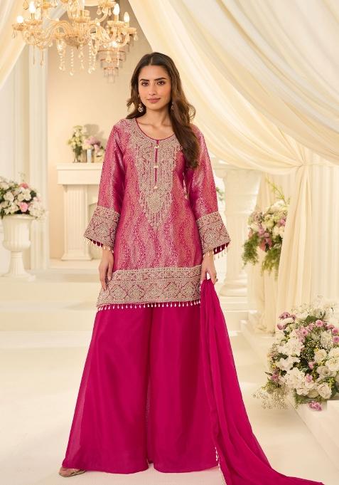 Rani Pink Embroidery Chinon Kurta Set
