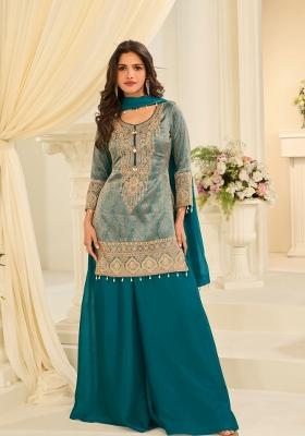 Turquoise Blue Embroidery Chinon Kurta Set