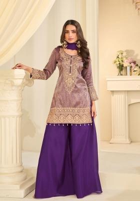 Purple Embroidery Chinon Kurta Set